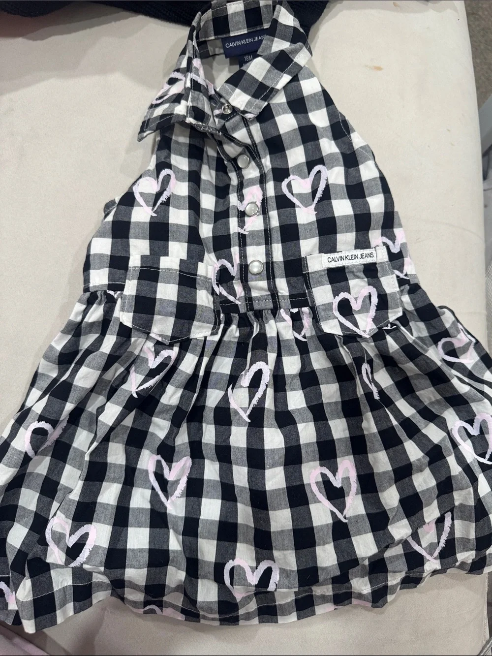 Calvin Klein Jeans Black & White Gingham Dress with Pink Heart Accents